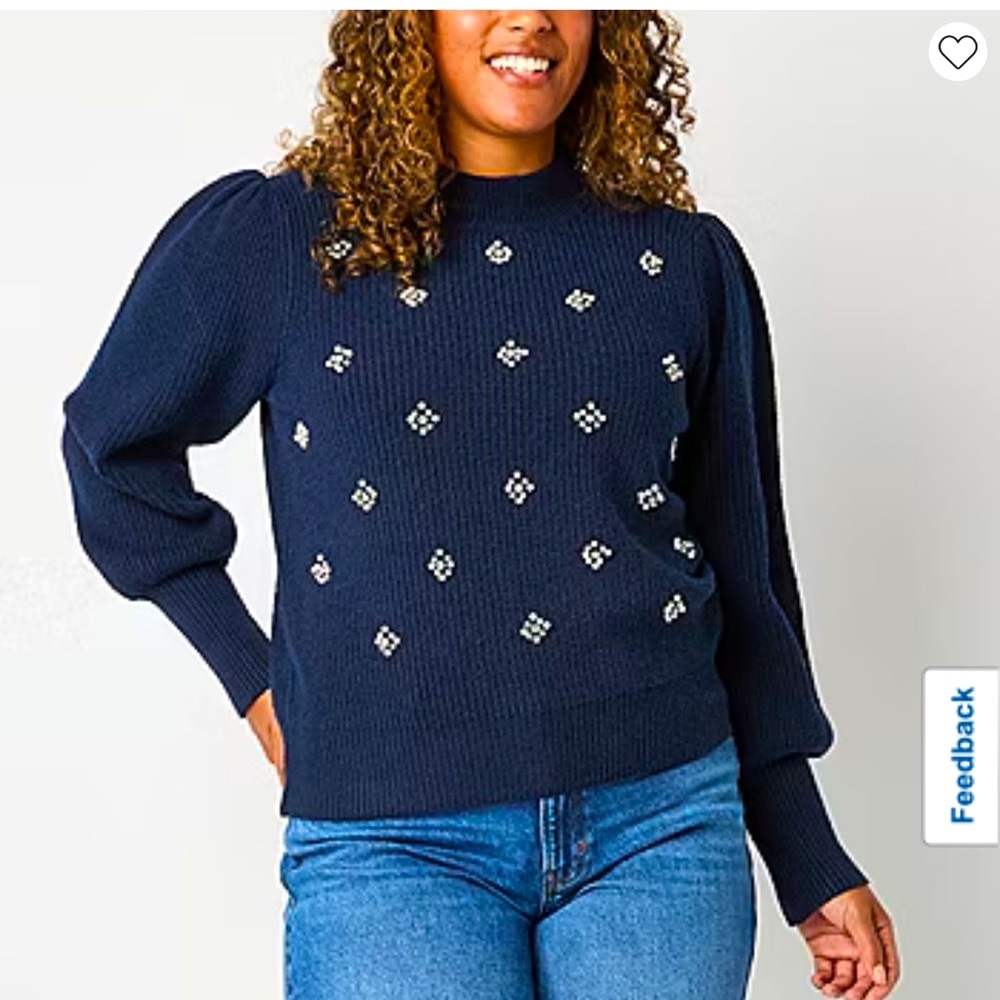Liz Claiborne Embellished Navy Mock Neck Sweater - Picture 3 of 9